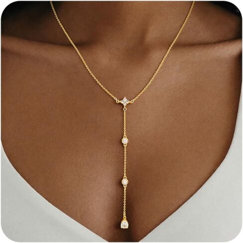 14K Gold Plated Layered Lariat Necklace for Women - Waterproof Non-Tarnish Dainty Gold Chain Necklace, Long Boho Statement Jewelry for Wedding, Prom, Summer Vacation Gifts in Saudi Arabia