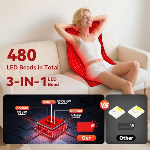 Red Light Therapy Mat for Full Body, Foldable 480 LEDs Near Infrared Light Therapy Pad, 660nm& 850nm 2in1 LEDs Light Blanket, High end Leather, 5 Power Levels UP to 65W, 39.4'x23.6' in Kuwait