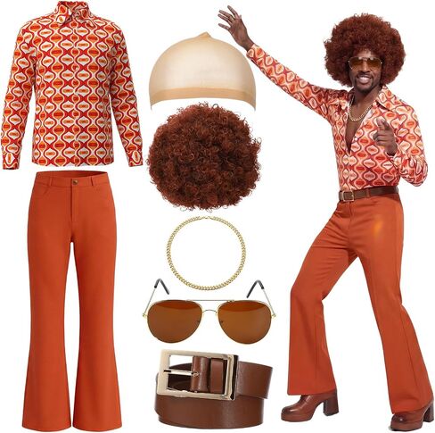 Mepase 7 Pcs 70s Disco Costumes for Men Hippies Outfit Set Retro Shirt Wig Bell Bottom Pants Sunglasses Necklace Wig Cap Belt in Saudi Arabia