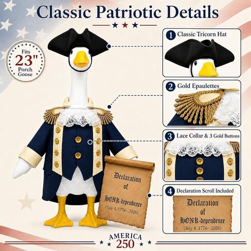 23" 4th of July Patriotic Porch Goose Outfits, 250th Anniversary Porch Goose Costume, independence Day Washington Goose Costume with Tricorne Hat, Lace Jabot & Declaration of Honk-dependence Scroll in Saudi Arabia