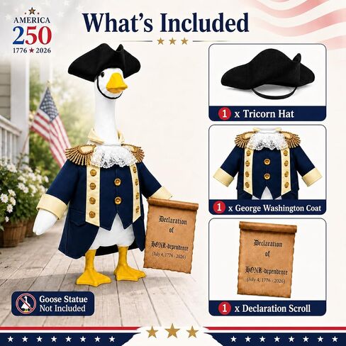 23" 4th of July Patriotic Porch Goose Outfits, 250th Anniversary Porch Goose Costume, independence Day Washington Goose Costume with Tricorne Hat, Lace Jabot & Declaration of Honk-dependence Scroll in Saudi Arabia
