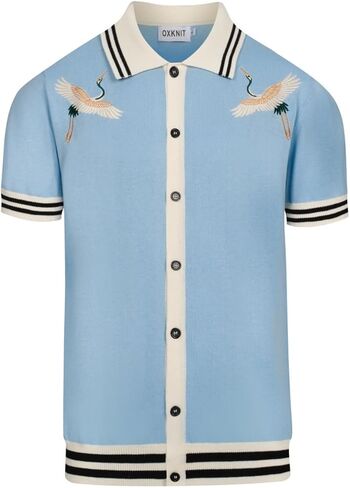 OXKNIT Men's Knit Short Sleeve Shirts Button Down Vintage Knitted Polo Shirt Embroidered Birds Pattern Light Blue Polo in Kuwait