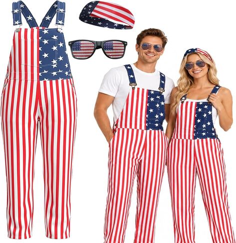 American Flag Coveralls for Unisex Festival Outfits Bib Overalls with Headband Glasses 4th of July Jumpsuit in Saudi Arabia