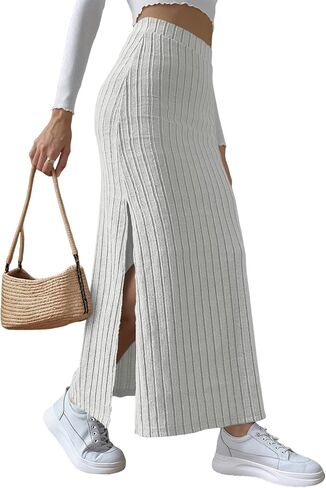 Knit Maxi Skirt for Women - Ribbed High Waisted Pencil Skirt with Split Bodycon Long Straight Skirts Casual Office in Saudi Arabia
