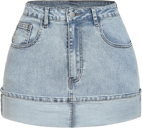 IWD Denim Mini Skirt for Women 2026 Trendy Y2k Low Waisted Folded Cuff Hem Jean Skirt Country Concert Outfits in Saudi Arabia