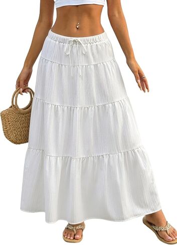 Halife Womens Boho Maxi Skirts Flowy Flared Ruffle Long Skirts Beach Vacation Elastic Waisted Summer Skirts in Kuwait