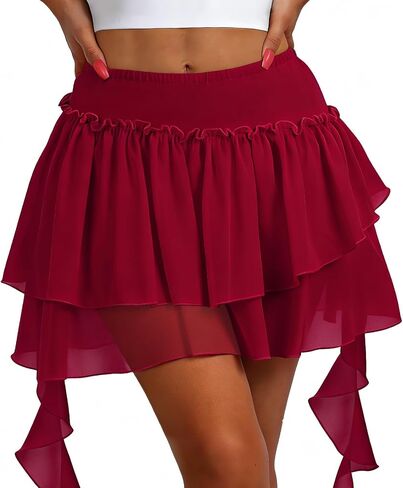 Women's Mini Ruffle Skirt with Shorts Pleated Skirts Mesh Layered Ruffled Flowy Hem Casual Skort Skirts in Saudi Arabia