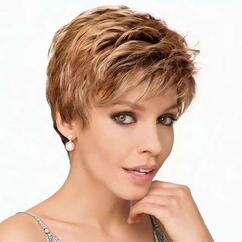 Short Wigs for White Women Bob Brown Pixie Cut Wig Realistic Layered Synthetic Brunette Wig with Bangs for Daily Party (Light brown) in Saudi Arabia