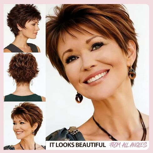Short Wigs for White Women Bob Brown Pixie Cut Wig Realistic Layered Synthetic Brunette Wig with Bangs for Daily Party (Light brown) in Saudi Arabia