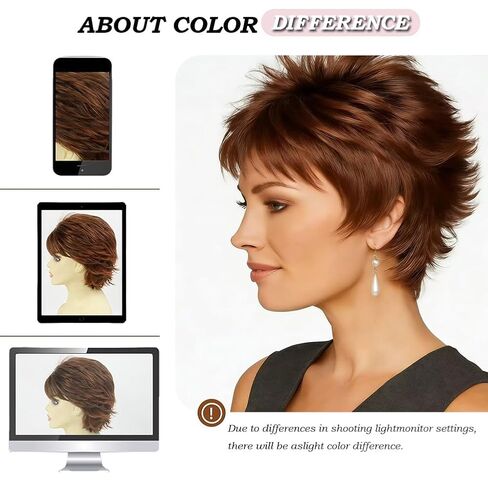 Short Wigs for White Women Bob Brown Pixie Cut Wig Realistic Layered Synthetic Brunette Wig with Bangs for Daily Party (Light brown) in Saudi Arabia