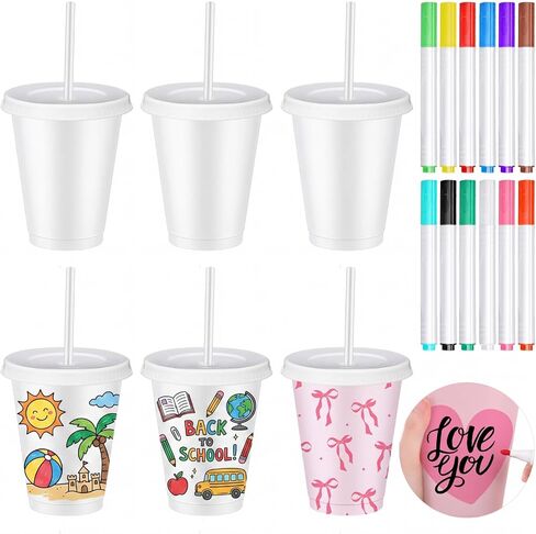 6 Pcs Paint Your Own Cups with 12 Color Pen DIY Kit Paintable Plastic Cups with Lids and Straws Personalized Tumblers DIY Goodie Cups for Color Your own Craft Supplies (24oz) in Kuwait