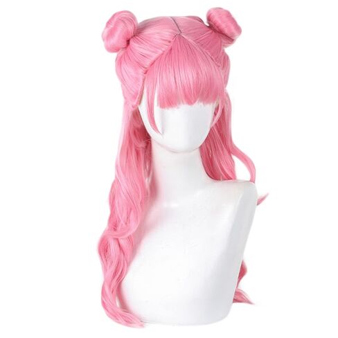 Pink Cosplay Wig with Double Buns, Long Wavy Synthetic Hair with Bangs, Anime Style Costume Wig in Kuwait
