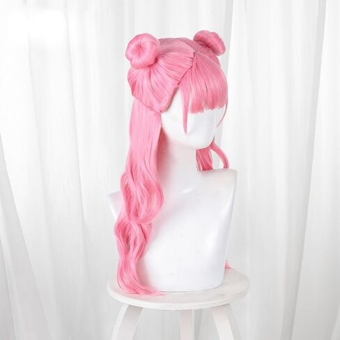 Pink Cosplay Wig with Double Buns, Long Wavy Synthetic Hair with Bangs, Anime Style Costume Wig in Kuwait