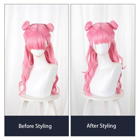 Pink Cosplay Wig with Double Buns, Long Wavy Synthetic Hair with Bangs, Anime Style Costume Wig in Kuwait