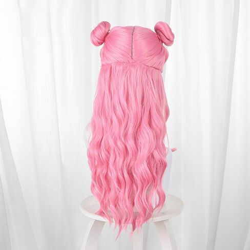 Pink Cosplay Wig with Double Buns, Long Wavy Synthetic Hair with Bangs, Anime Style Costume Wig in Kuwait