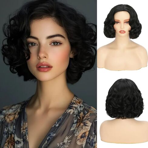 Short Black Curly Wigs for Women Natural Wavy Anime Cosplay Wig 1920s Carnival Halloween Costume Fancy Dress Up Drag Queen Party Flapper Wig in Saudi Arabia