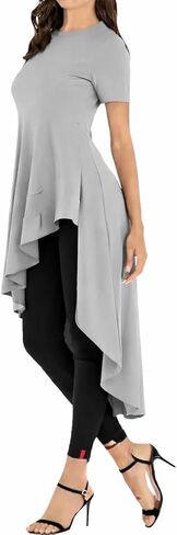 Women´s Short Sleeve Round Neck Ruffle Tunic Blouse With Asymmetrical Irregular Hem in Kuwait