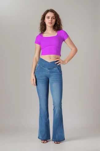 BlueRose Flare Jean for Women,Bell Bottom Jeans for Women Knit Crossover High Waisted Bootcut Jean in Saudi Arabia