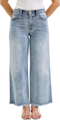 Judy Blue Womens Jeans - Mid Rise Ankle Wide Leg with Hollywood Waistband and Frayed Hem in Kuwait