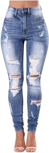 Women's High Waist Ripped Distressed Skinny Jeans, Light Wash Destroyed Denim Pants for Casual, Streetwear in Kuwait