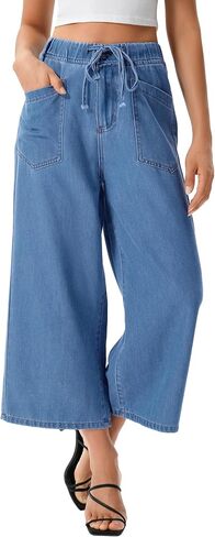 roswear Women's Capri Jeans Wide Leg Elastic Waist with Drawstring Cropped Culottes Pants in Kuwait