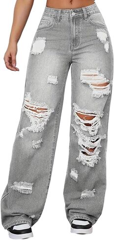 SHINFY Women's High Waisted Wide Leg Ripped Jeans Y2K Baggy Boyfriend Jeans Distressed Denim Pants in Kuwait