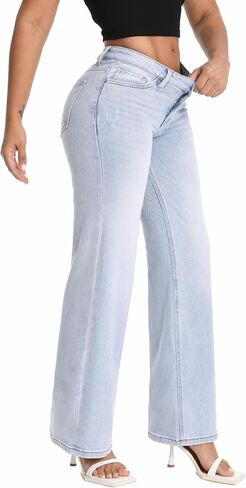 Shaping Wide Leg Baggy Jeans for Women Stretchy Mid Low Waisted Butts Lifting Cute Jeans Trendy BBL Distressed Jean in Saudi Arabia
