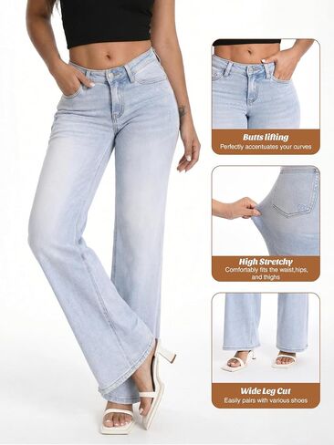 Shaping Wide Leg Baggy Jeans for Women Stretchy Mid Low Waisted Butts Lifting Cute Jeans Trendy BBL Distressed Jean in Saudi Arabia