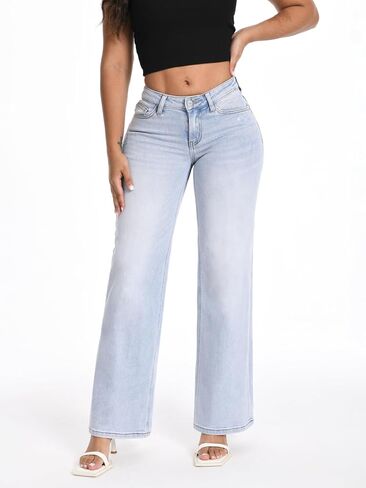 Shaping Wide Leg Baggy Jeans for Women Stretchy Mid Low Waisted Butts Lifting Cute Jeans Trendy BBL Distressed Jean in Saudi Arabia