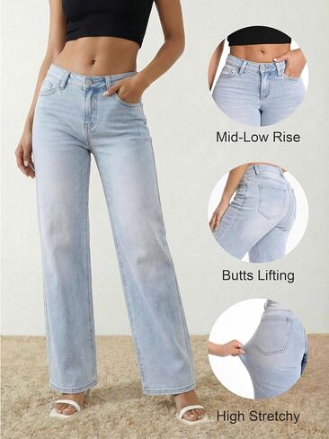 Shaping Wide Leg Baggy Jeans for Women Stretchy Mid Low Waisted Butts Lifting Cute Jeans Trendy BBL Distressed Jean in Saudi Arabia