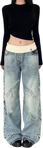Baggy Jeans for Women Fashion Ribbed Waist Wide Leg Loose Casual Y2K Aesthetic Denim Pants with Pockets in Saudi Arabia