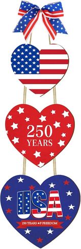 4th of July Decoration Door Wreath for Front Door Sign Heart Wall Signs, Wooden 250th Anniversary Decoration Heart Patriotic Independence Wreath Door Home Wall Decor in Saudi Arabia