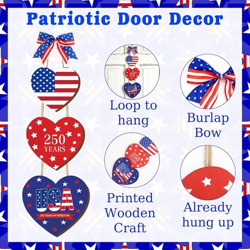 4th of July Decoration Door Wreath for Front Door Sign Heart Wall Signs, Wooden 250th Anniversary Decoration Heart Patriotic Independence Wreath Door Home Wall Decor in Saudi Arabia