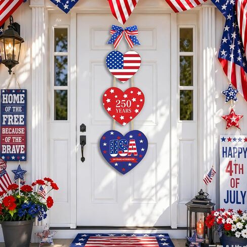4th of July Decoration Door Wreath for Front Door Sign Heart Wall Signs, Wooden 250th Anniversary Decoration Heart Patriotic Independence Wreath Door Home Wall Decor in Saudi Arabia