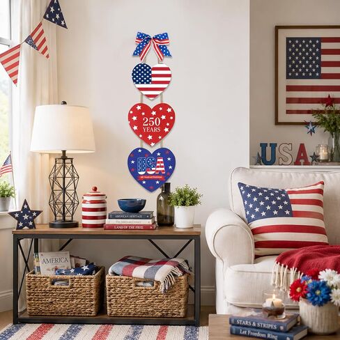 4th of July Decoration Door Wreath for Front Door Sign Heart Wall Signs, Wooden 250th Anniversary Decoration Heart Patriotic Independence Wreath Door Home Wall Decor in Saudi Arabia
