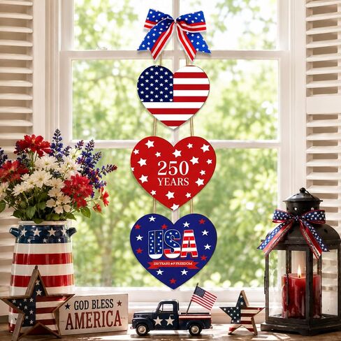 4th of July Decoration Door Wreath for Front Door Sign Heart Wall Signs, Wooden 250th Anniversary Decoration Heart Patriotic Independence Wreath Door Home Wall Decor in Saudi Arabia