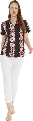 Women's Hawaiian Lady Aloha Shirt in Pink Hibiscus Vine Black in Kuwait