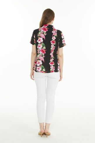 Women's Hawaiian Lady Aloha Shirt in Pink Hibiscus Vine Black in Kuwait