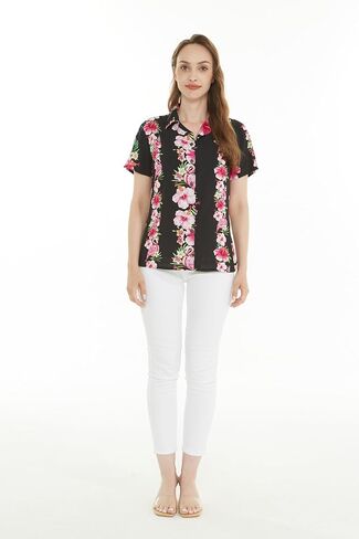 Women's Hawaiian Lady Aloha Shirt in Pink Hibiscus Vine Black in Kuwait