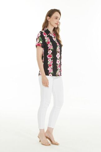 Women's Hawaiian Lady Aloha Shirt in Pink Hibiscus Vine Black in Kuwait
