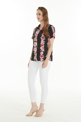 Women's Hawaiian Lady Aloha Shirt in Pink Hibiscus Vine Black in Kuwait