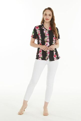 Women's Hawaiian Lady Aloha Shirt in Pink Hibiscus Vine Black in Kuwait
