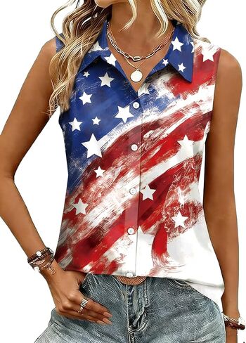 4th of July Shirts for Women USA Sleeveless Button Down Shirt American Flag V Neck Blouses Casual Tank Tops in Kuwait