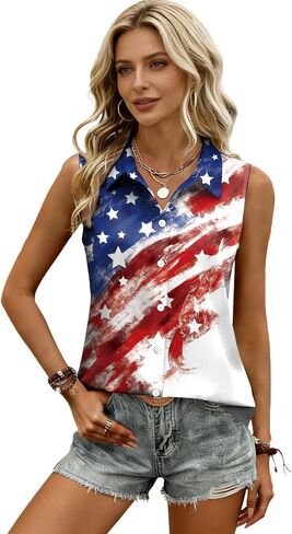 4th of July Shirts for Women USA Sleeveless Button Down Shirt American Flag V Neck Blouses Casual Tank Tops in Kuwait