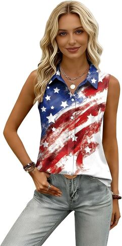 4th of July Shirts for Women USA Sleeveless Button Down Shirt American Flag V Neck Blouses Casual Tank Tops in Kuwait