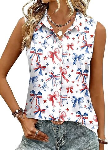 4th of July Shirts for Women USA Sleeveless Button Down Shirt American Flag V Neck Blouses Casual Tank Tops in Kuwait