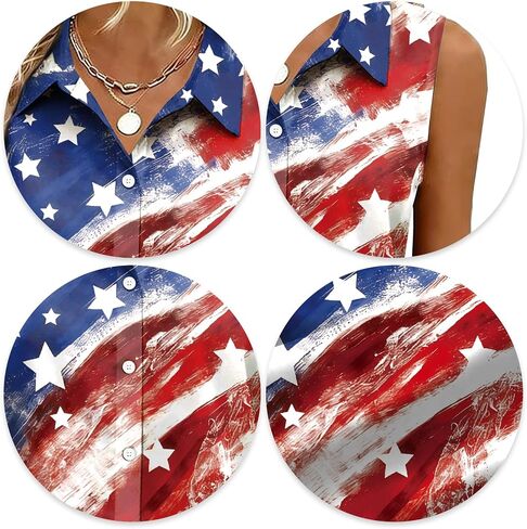 4th of July Shirts for Women USA Sleeveless Button Down Shirt American Flag V Neck Blouses Casual Tank Tops in Kuwait