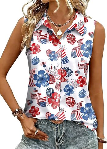 4th of July Shirts for Women USA Sleeveless Button Down Shirt American Flag V Neck Blouses Casual Tank Tops in Kuwait