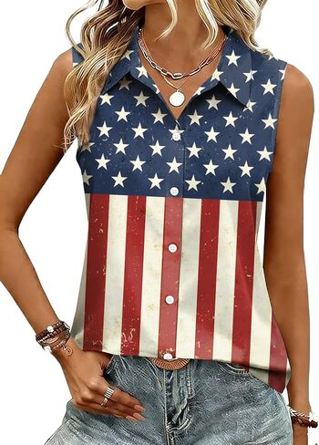 4th of July Shirts for Women USA Sleeveless Button Down Shirt American Flag V Neck Blouses Casual Tank Tops in Kuwait