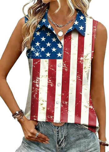 4th of July Shirts for Women USA Sleeveless Button Down Shirt American Flag V Neck Blouses Casual Tank Tops in Kuwait